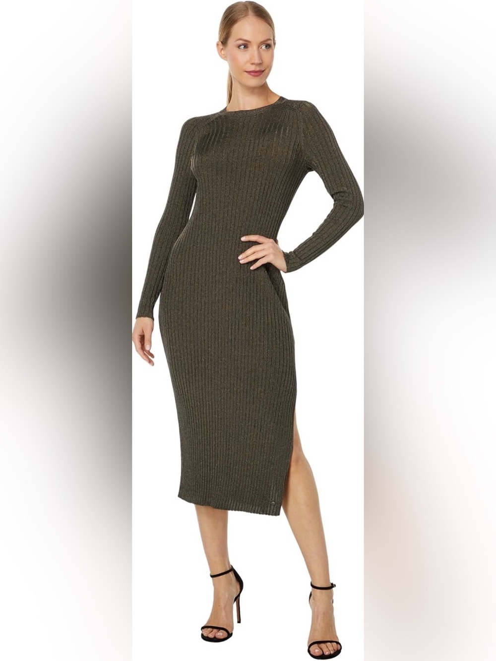Ted Baker Sayrah Metallic Ribbed Knit Midi Dress Size 2 US 6 Dark Green NWT